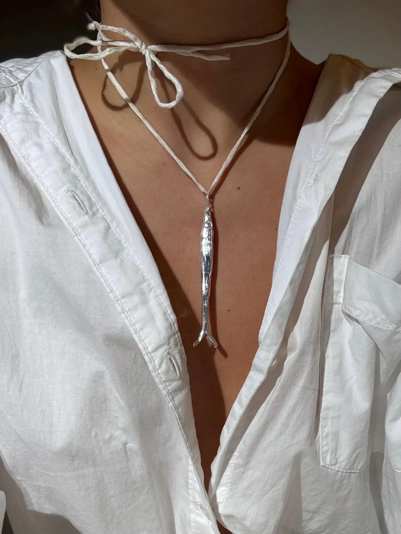 Sterling Silver Sardine Fish Pendant Necklace