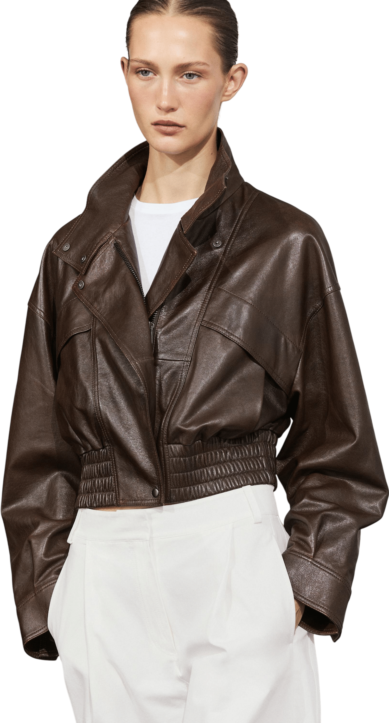 Massimo Dutti Cropped Nappa Leather Bomber Jacket