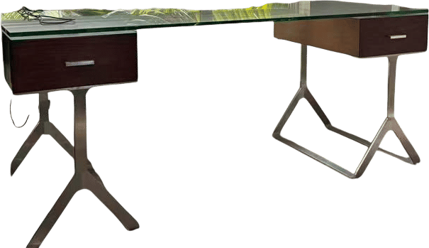 Glass table with wood drawers