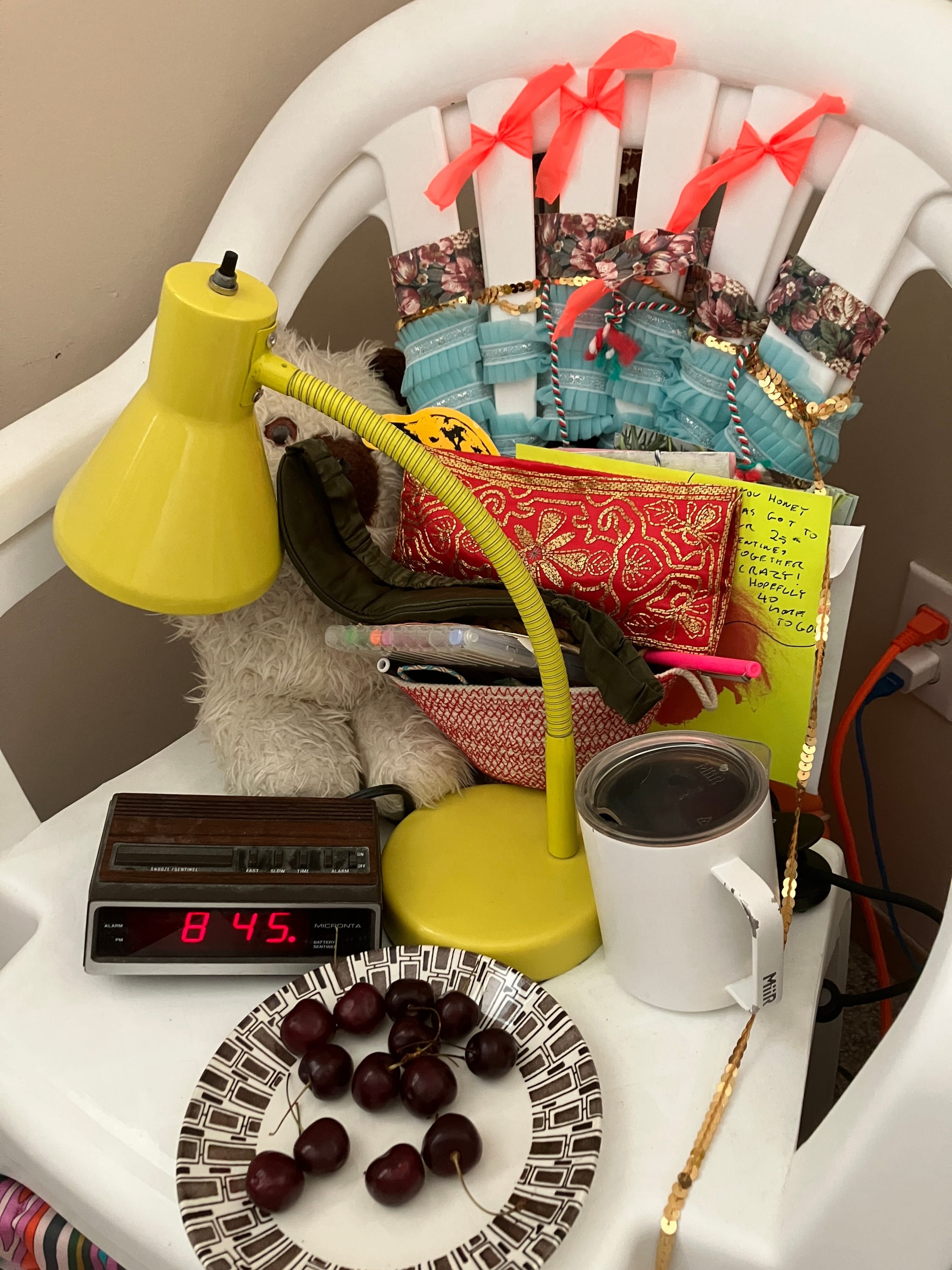 Cherries on a plate in the morning before getting out of bed