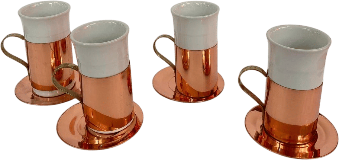 Set of 4 MCM Copper Ceramic Mugs with Brass Handles
