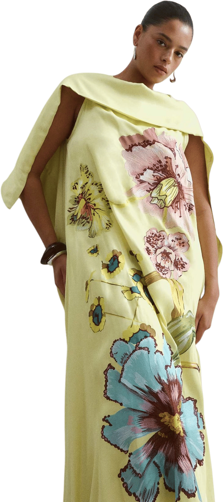 ARRANGE Curve large botanical floral satin drape maxi dress in lime green