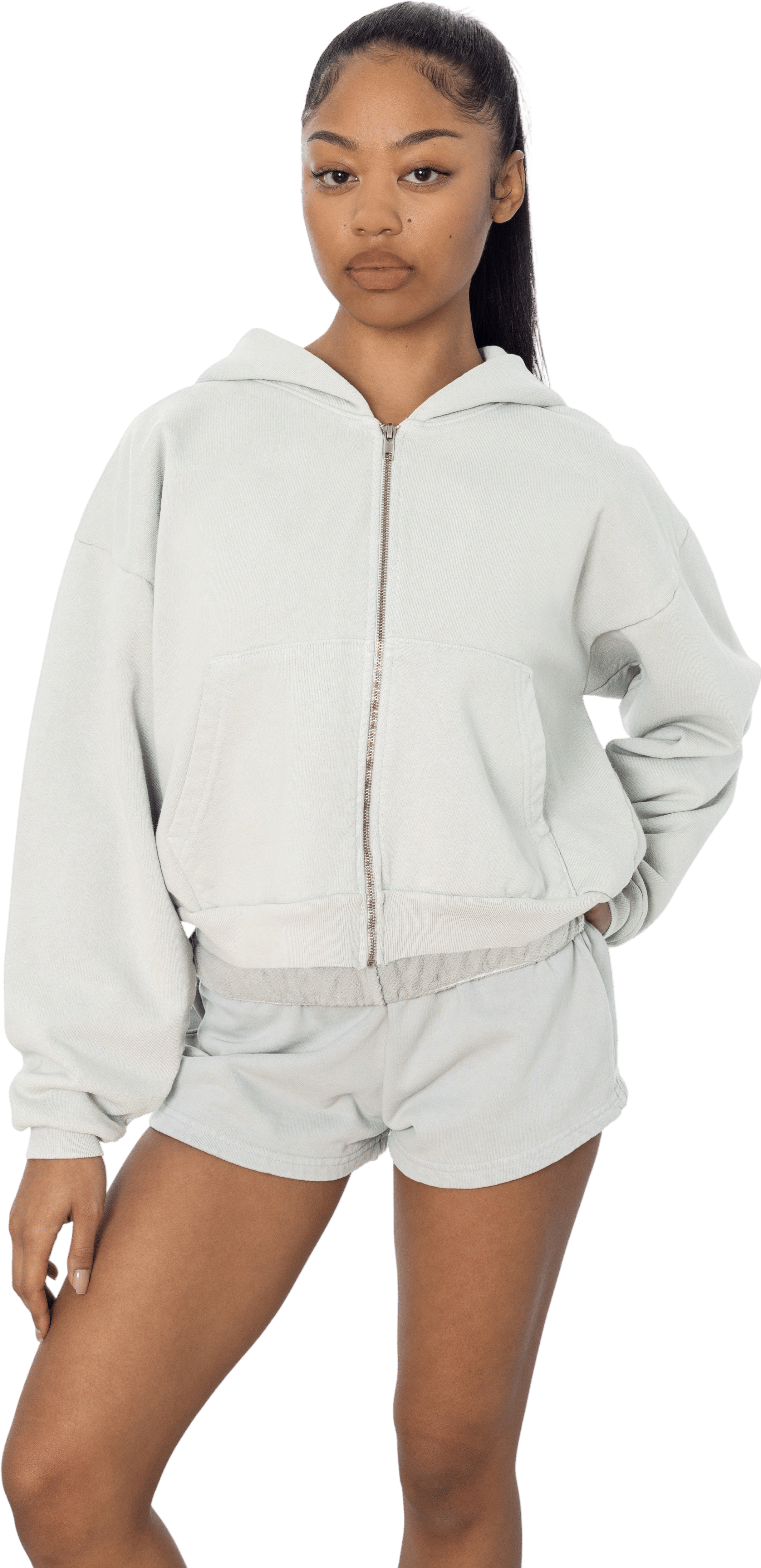 Heavy Fleece Cropped Zip-Up Hoodie (Garment Dye Cement)