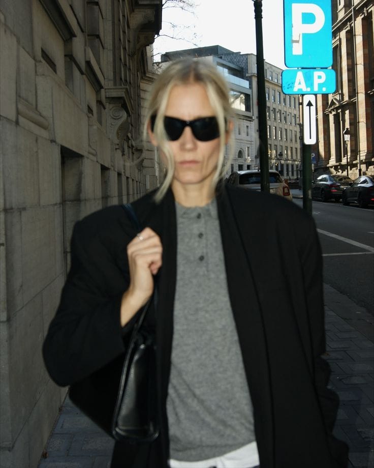 Grey henley sweater with a blazer and cool sunnies