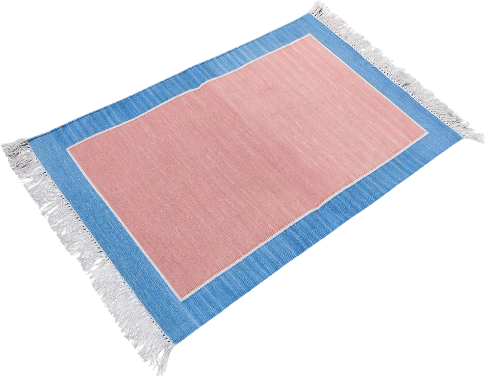 Handmade Cotton Area Flat Weave Rug, 2x3 Pink And Blue Bordered Indian Dhurrie