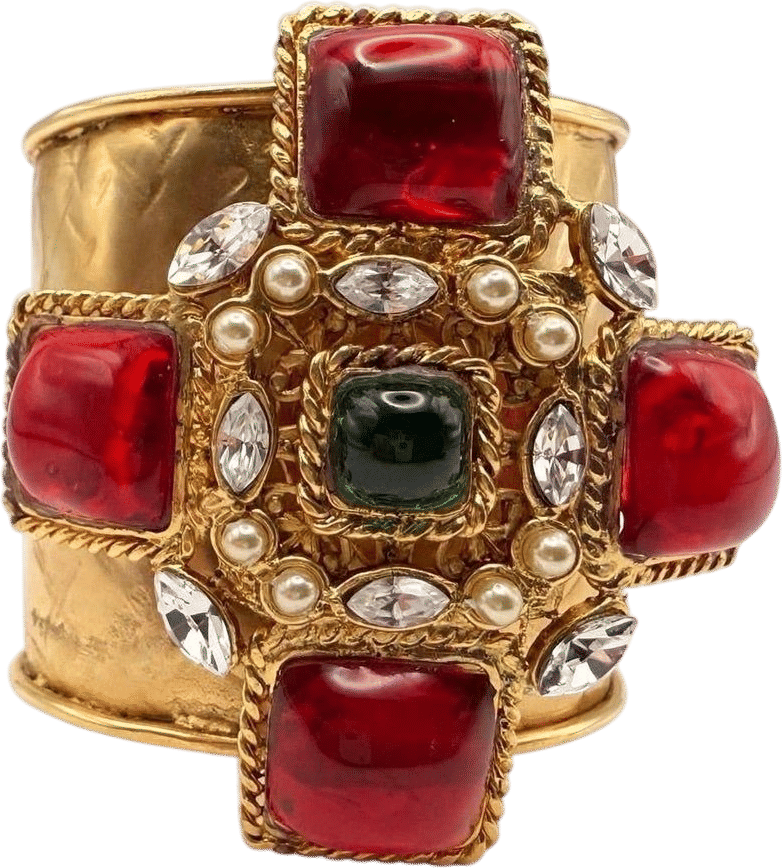 French Gilt Pate de Verre Red Maltese Cross Cuff Bracelet
