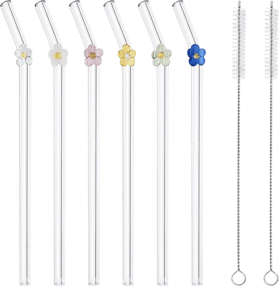Reusable Glass Straws with Flower Details