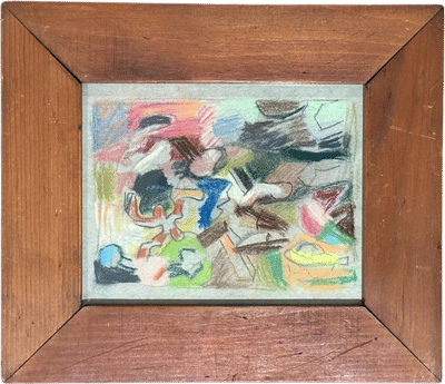 Energetic Geometric Abstract with Bright Colors on Gray in Vintage Wood Frame
