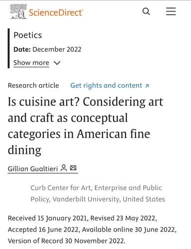 Research Article: Is cuisine art? Considering art and craft as conceptual categories in American fine dining