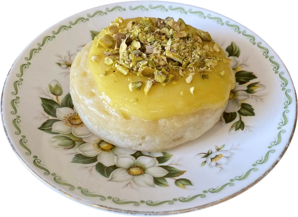 Crumpet with Lemon Curd and Toasted Pistachios