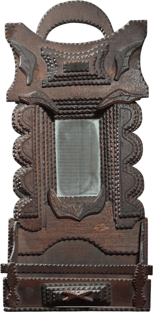 Antique Chip Carved Tramp Art Wall Pocket Mirror