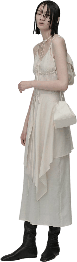Beige Waist-Tied Layered Dress