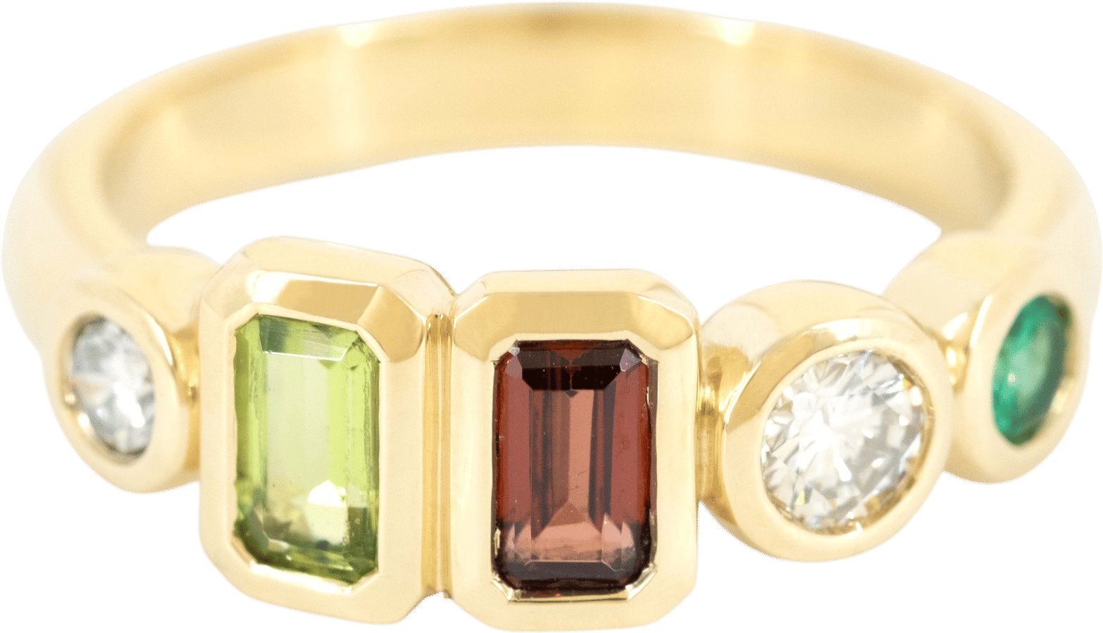 Spur Jewelry peridot, garnet, emerald and diamond ring