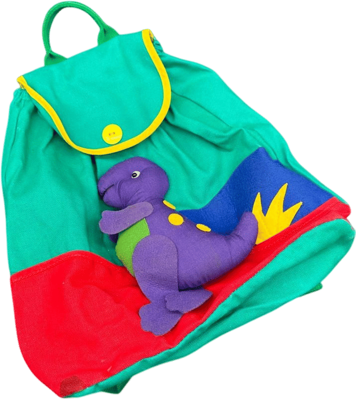 Vintage Kids Backpack 1990s Purple Dinosaur Kitschy Diaper Bag Green Canvas Y2K