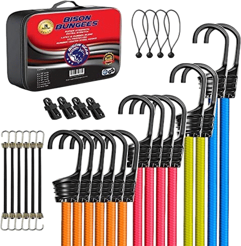 Bison Gear Premium Bungee Cords with Hooks - UV Resistant Heavy Duty Cords with Non-Scratch Hooks, Including Mini Cords, Tarp Clips and Bungee Ties, Multi Use (28 Piece Set)