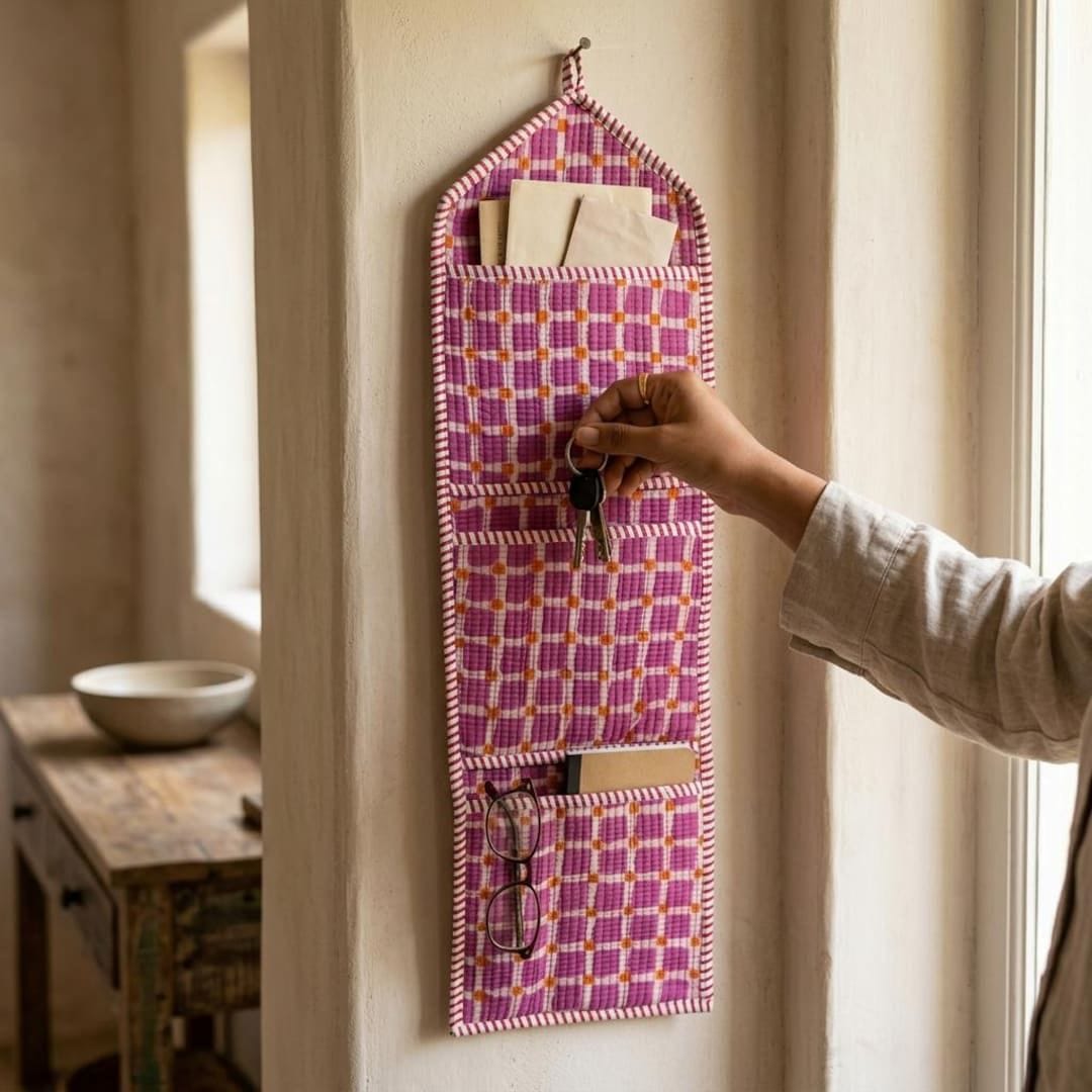 Handmade Quilted Cotton Hanging Organizer, Pink Geometric Wall Pocket Storage