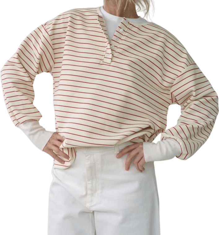 Vintage French Red Stripes Henley Long Sleeve Top