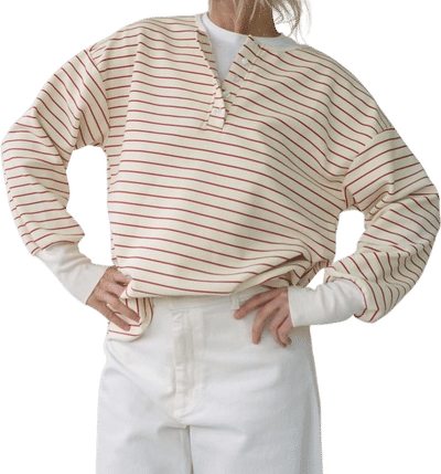 Vintage French Red Stripes Henley Long Sleeve Top