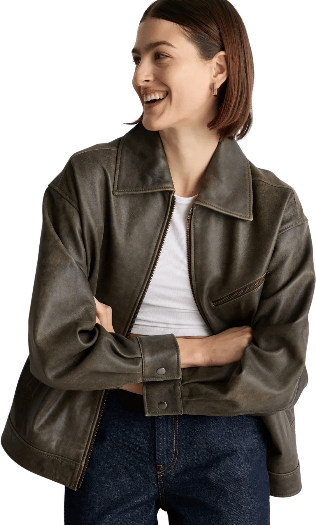 100% Leather Oversized Bomber Jacket in Distressed Brown