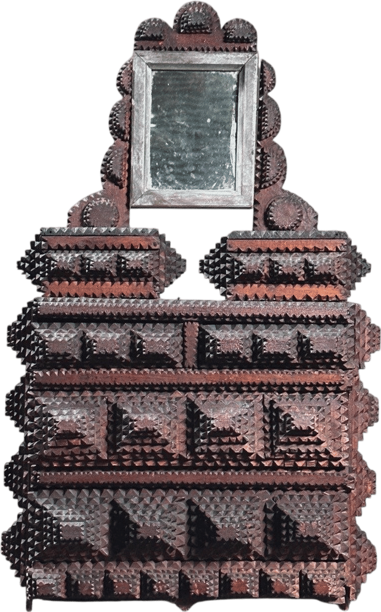 Antique Tramp Art Dresser Box with Six Drawers and Mirror/Folk Art