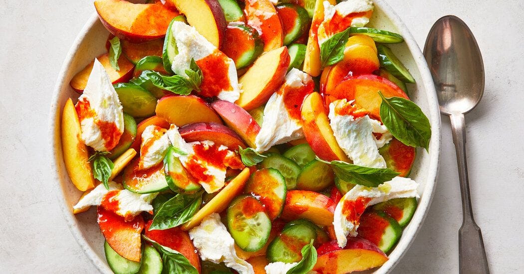 Peach, Cucumber and Mozzarella Salad With Gochujang Vinaigrette Recipe
