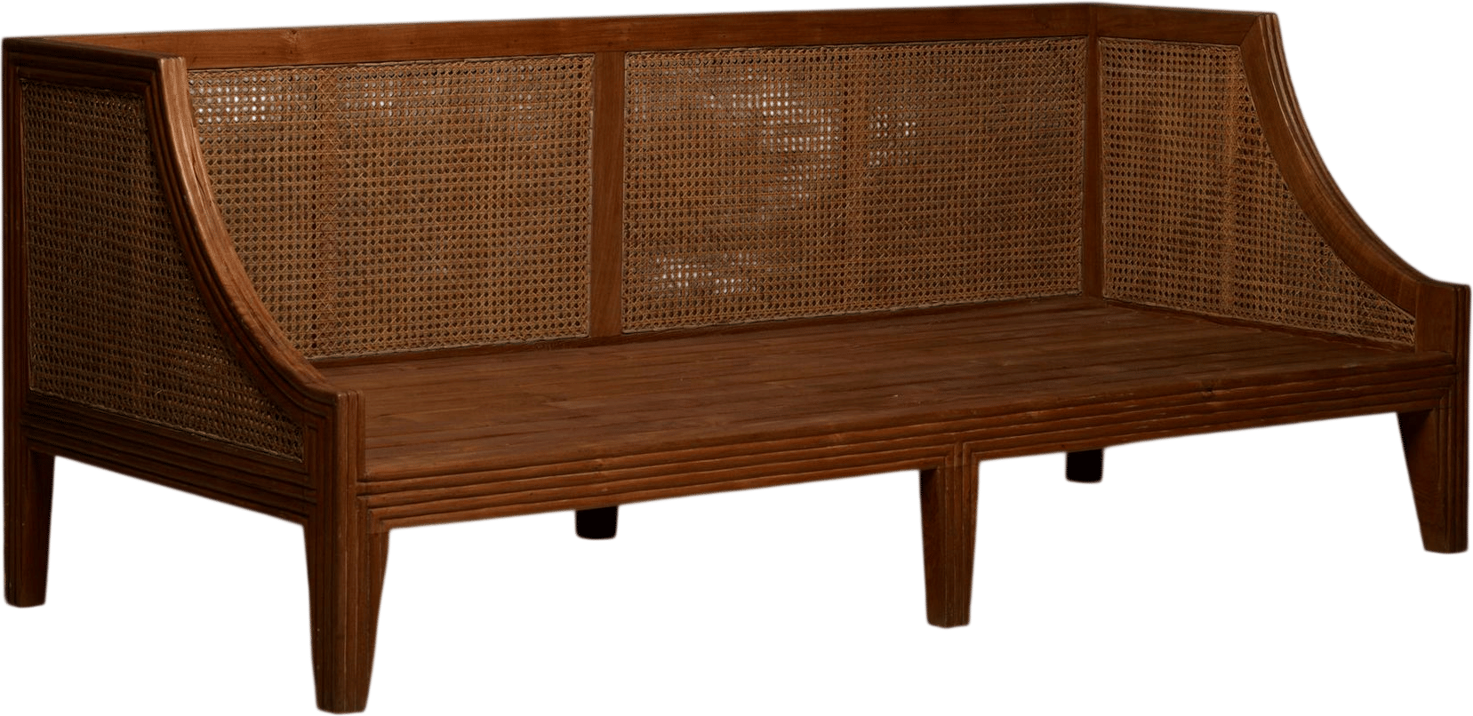 1930s Teak & Rattan Sofa Bench with Reeded Back