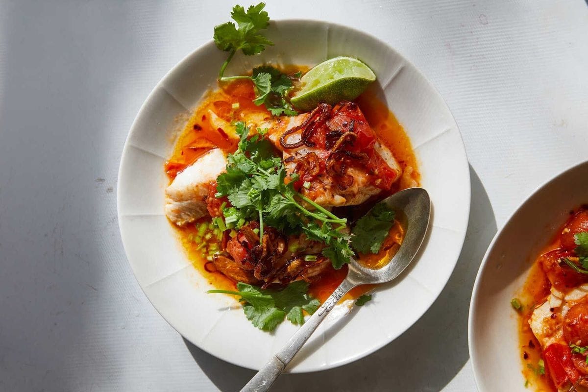 Tomato-Poached Fish With Chile Oil and Herbs (Alison Roman)