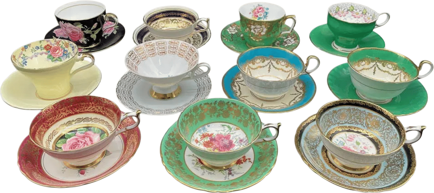 11 Vintage English Bone China Teacups & Saucers