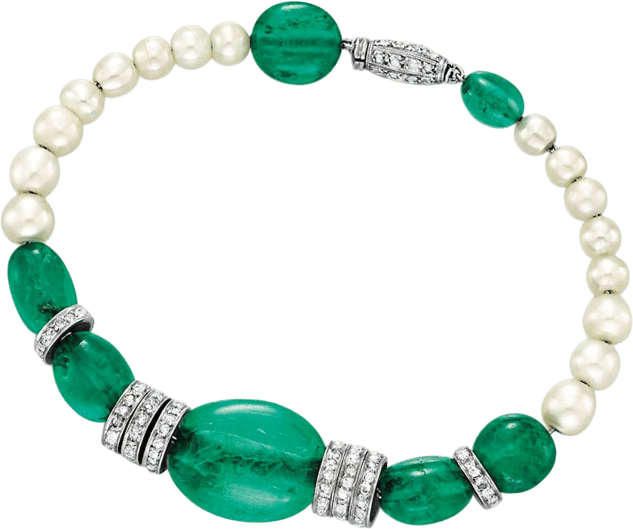 Art Deco natural pearl and emerald bracelet with diamond rondelles.
