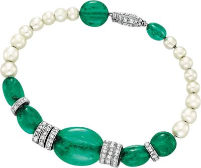Art Deco Natural Pearl and Emerald Bracelet with Diamond Rondelles