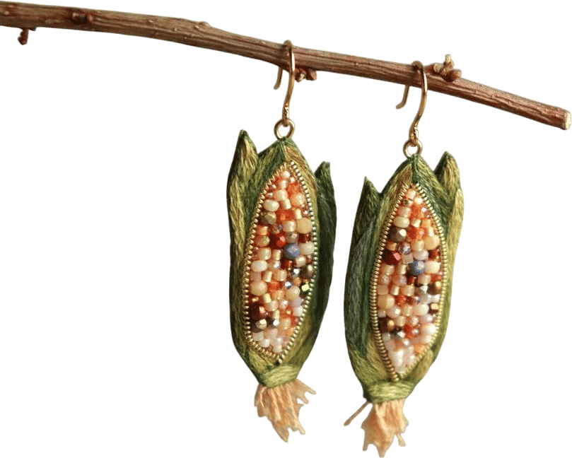 Dangle cute hand embroidered corn earrings, vegetable jewelry with beads, handmade food earrings, lightweight botanical gift for gardener
