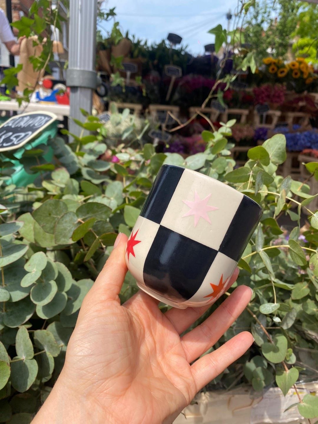 Handmade Ceramic Cup With Checkered and Star Design