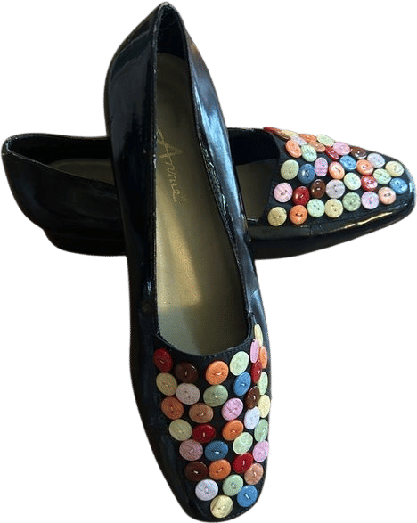 Vintage Anmie Black Patent Flats with Multicolor Button Accents