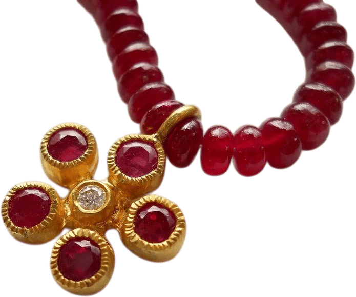 Ruby and Diamond Necklace, 22K Gold Flower Pendant