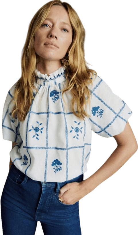 Large Check Pattern with Blue Flowers