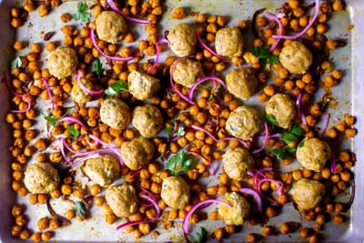 Sheet Pan Meatballs with Crispy Turmeric Chickpeas Recipe