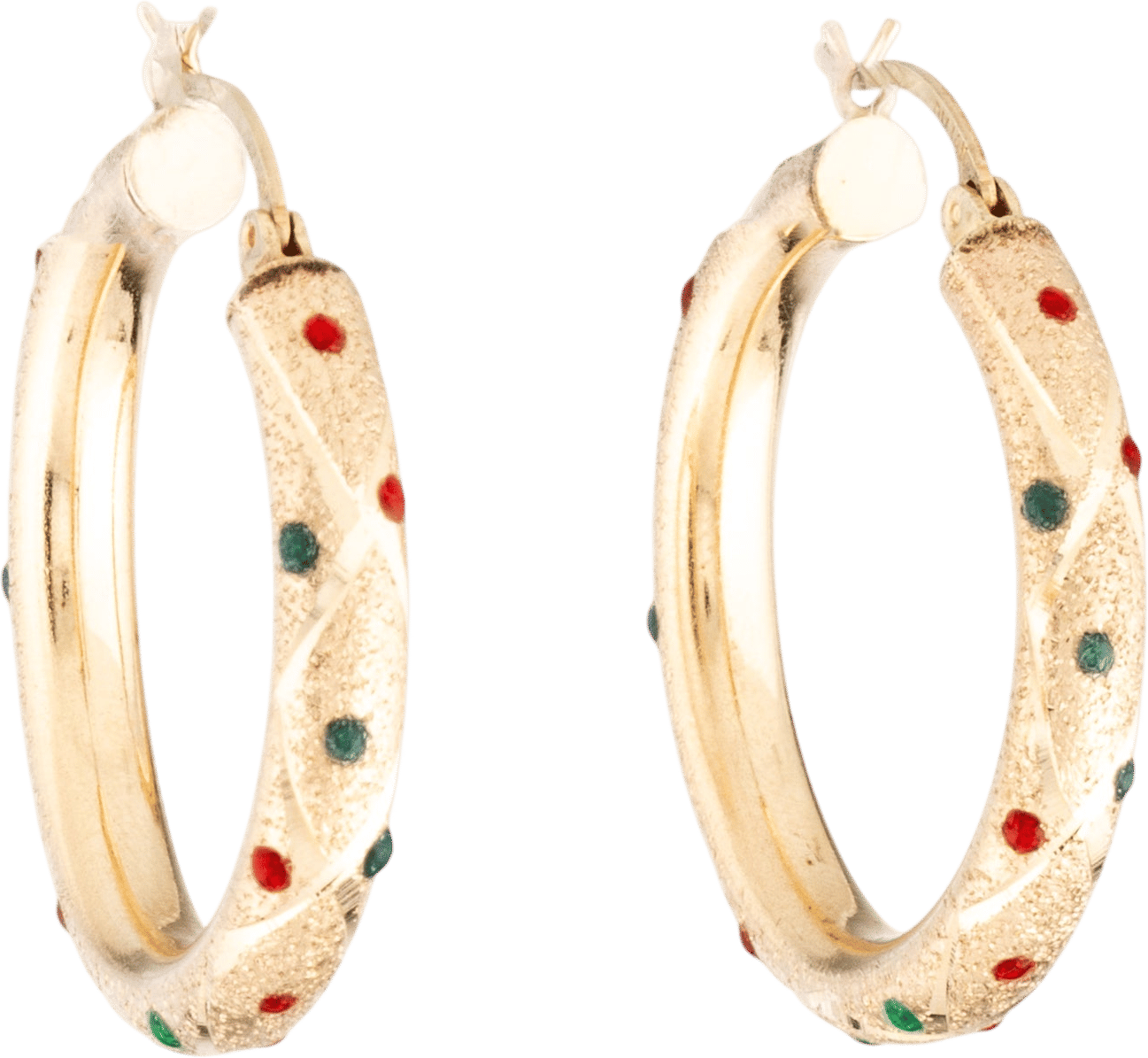 14K Diamond Cut Enamel Dot Hoop Earrings - Green