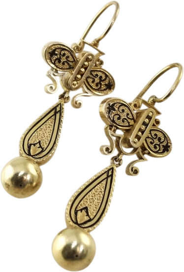 Victorian 14k Gold Dangle Earrings with Black Enamel