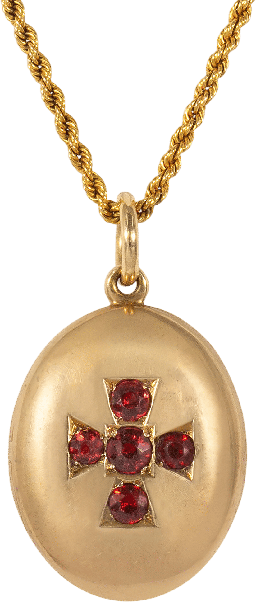 Antique 15K Yellow Gold And Garnet Locket And Chain