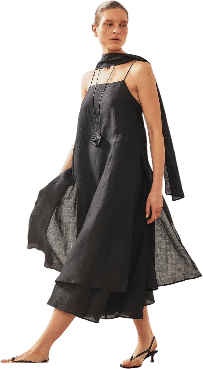 Ramie Scarf Detail Midi Dress