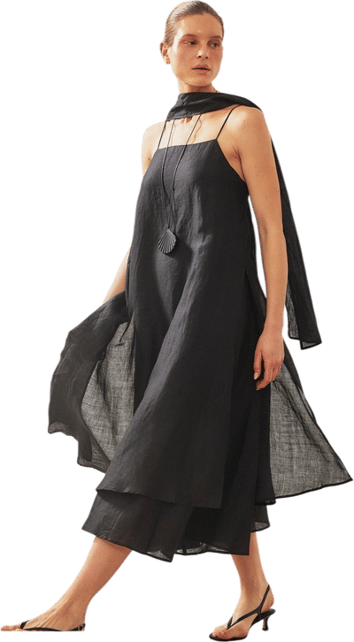 Ramie Scarf Detail Midi Dress
