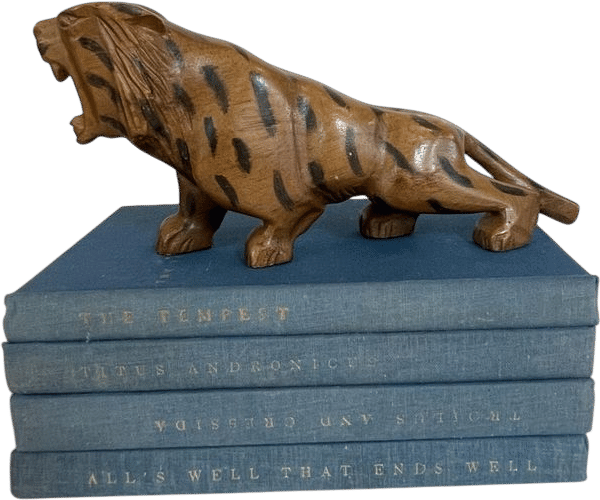 Hand Carved and Hand Painted Tiger on Books Statue