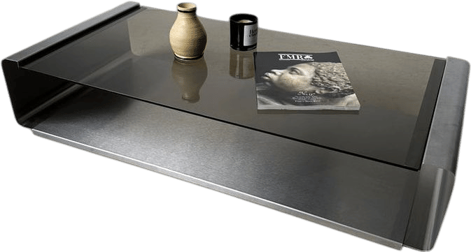 STEEL & SMOKED GLASS LOW COFFEE TABLE BY FRANCOIS MONNET, 70's