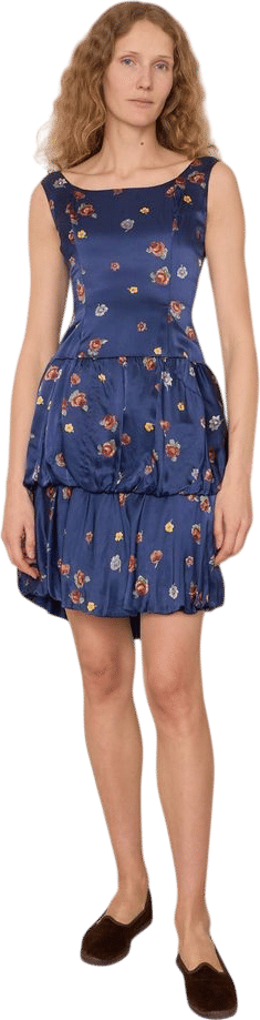 Navy Silk Layered Dress with Floral Details | Khata Space