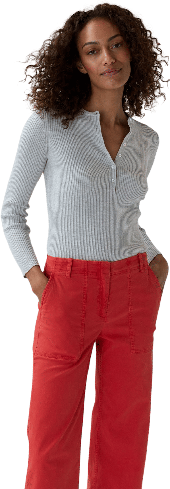 Long Sleeved Nia Ribbed Henley Top - Pale Heather Grey Cotton Silk (Ann Mashburn)