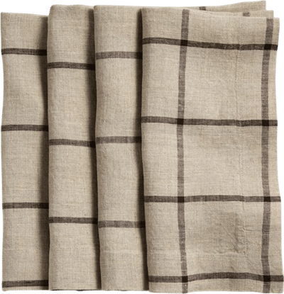 Marin Natural and Earth Brown European Flax Linen Windowpane Plaid Napkins