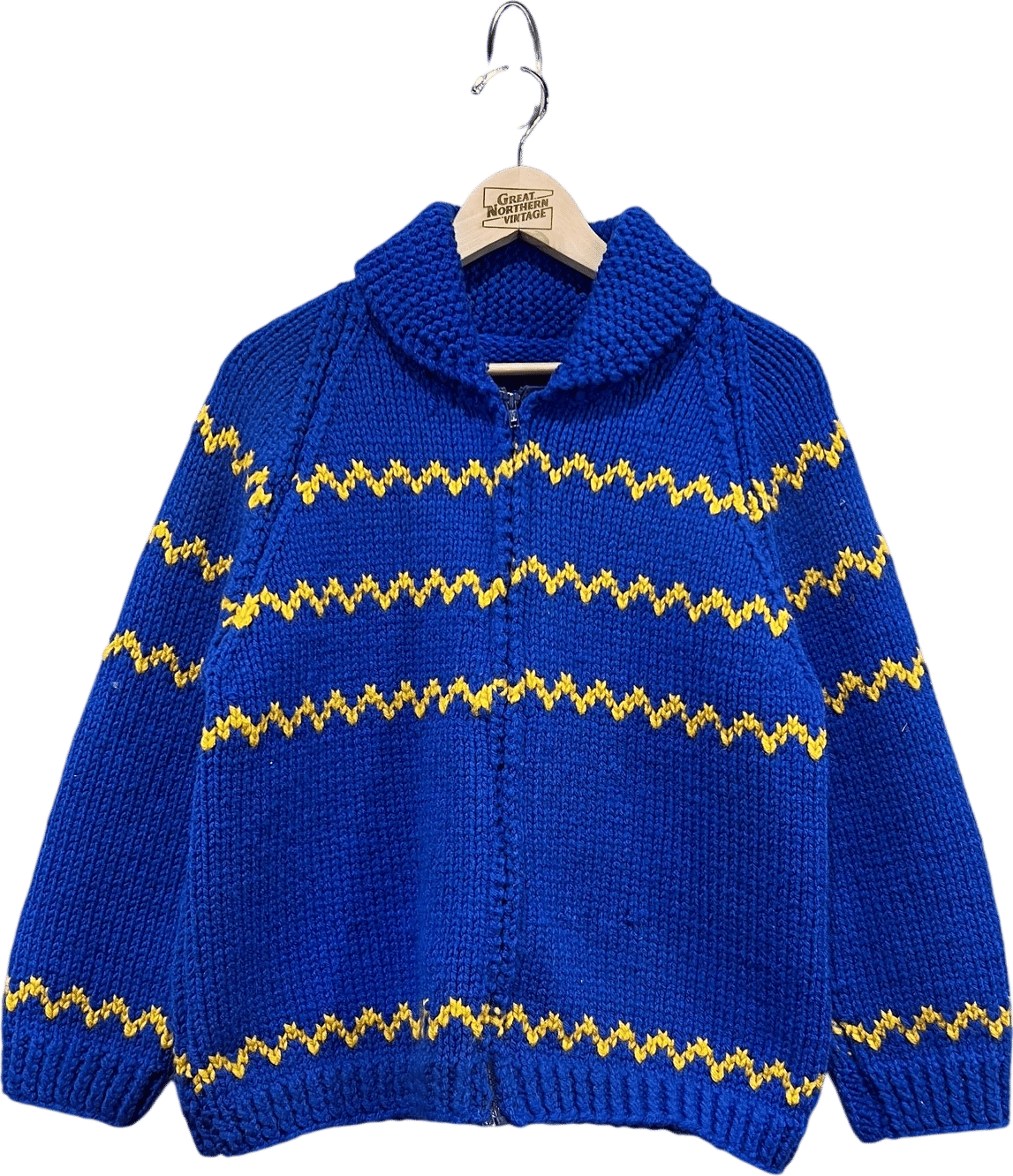 S 60s Wool Cowichan sweater Wave Band Knit Zip-Up Cardigan Sweater blue and yellow Small 1970s 1960s Cool Design Fall Autumn