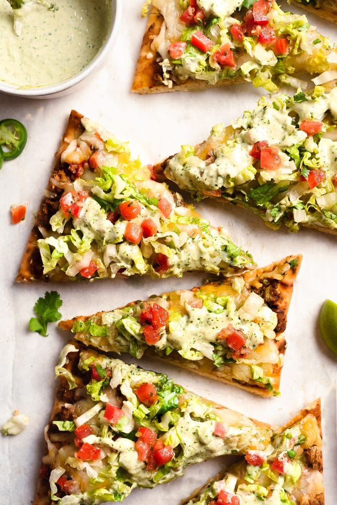 Taco Pizza with Cilantro Jalapeño Sauce