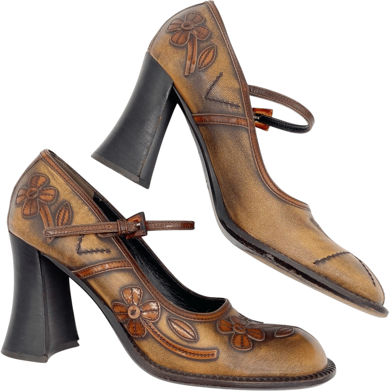 Prada Vintage 1996 Floral Appliqué Antiqued Leather Mary Jane Heels IT 38.5