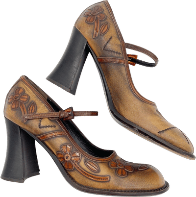 Prada 1996 Floral Appliqué Antiqued Leather Mary Jane Heels